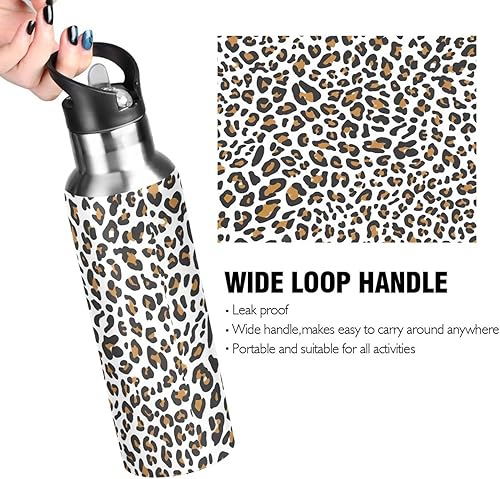 Miniatura 4 de Botella de agua aislada al vacío de acero inoxidable marrón y blanco con estampado de leopardo, 32 onzas, sin BPA, botella de agua deportiva a