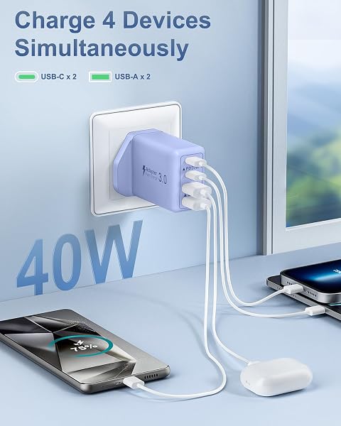 40W 4-Port USB Plug UK Fast Charger Dual PD Power Adapter +QC Multiport Wall Charge Head Mains Type C Fast Charging Plug for iPhone 17 16 15 14 13 12 11 Pro Max Plus, Samsung, iPad - 3