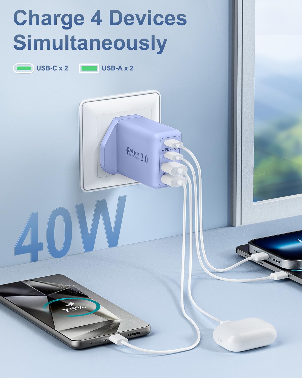 40W 4-Port USB Plug UK Fast Charger Dual PD Power Adapter +QC Multiport Wall Charge Head Mains Type C Fast Charging Plug for iPhone 17 16 15 14 13 12 11 Pro Max Plus, Samsung, iPad — view 3