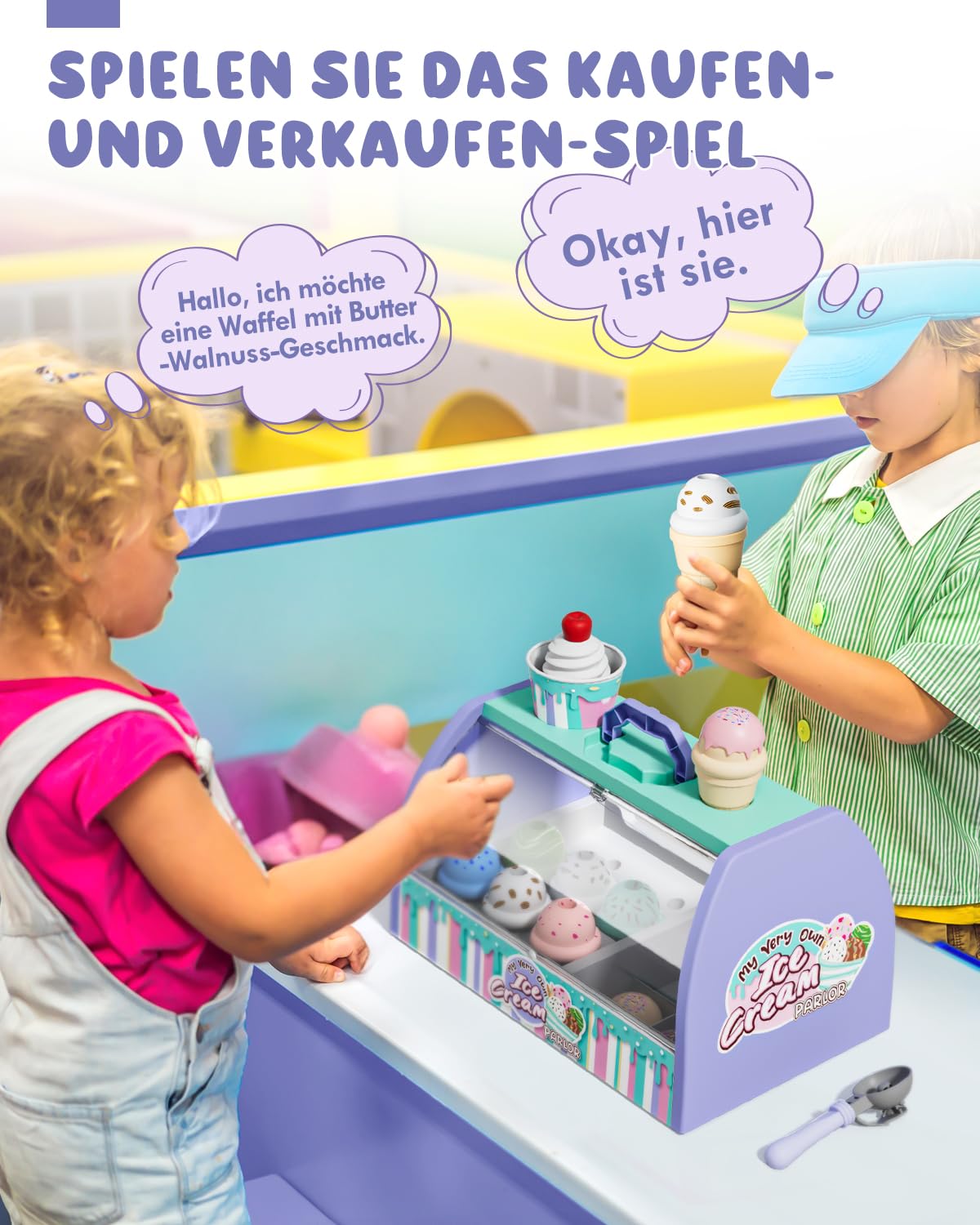 Lehoo Castle Eisdiele Kinder, Spielzeug ab 3 Jahre, Kaufladen Zubehör, Kaufmannsladen Zubehör, Eisladen, Kinderküche Zubehör, Mädchen Geschenke 3 Jahre (Lila)