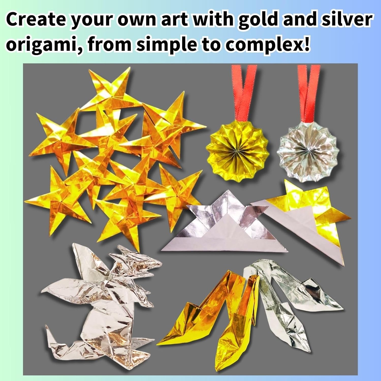 Origami Paper Single Color Gold・Silver 6 X 6 Inch (15X15cm) 100 Sheets Each,Storage Container Set