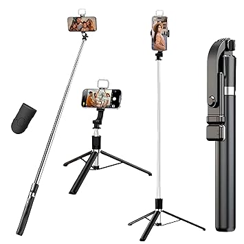 Selfie Stick Tripod with Light 67 inch /170cm Tripod for Mobile Phone Multi Functional Bluetooth Long Selfie Stick for Travel Vlogging (GenZ Stick 170 CM)
