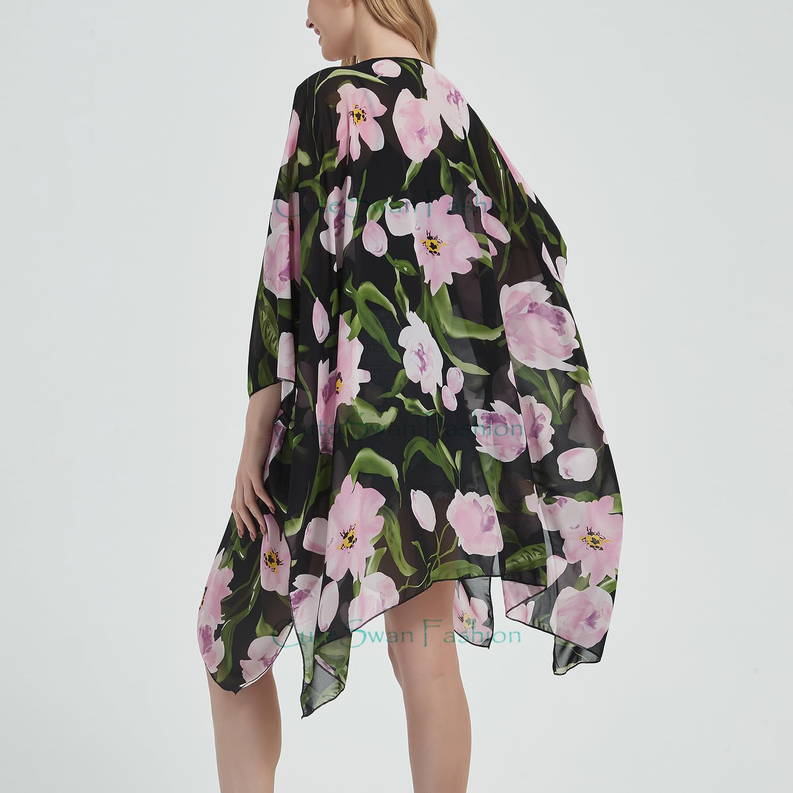 Cardigan kimono en mousseline de soie à imprimé floral pour femme, cardigan ample décontracté long bohème transparent