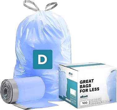 Plasticplace Custom Fit Trash Bags, Compatible with simplehuman Code D 100 Count Tinted Blue Drawstring Garbage Liners 5.3 Gallon / 20 Liter, 15.75" x 28"