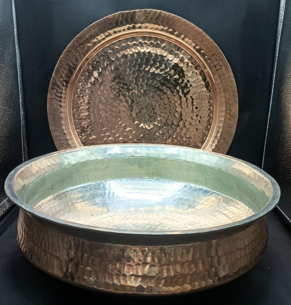 jewellary hub Heavy Gauge Copper Lagan Handi | Hammered Kalai Chicken Biryani Pot | Cooking Pot | Sipri Utensils with Lid (Copper, 3 Liter)