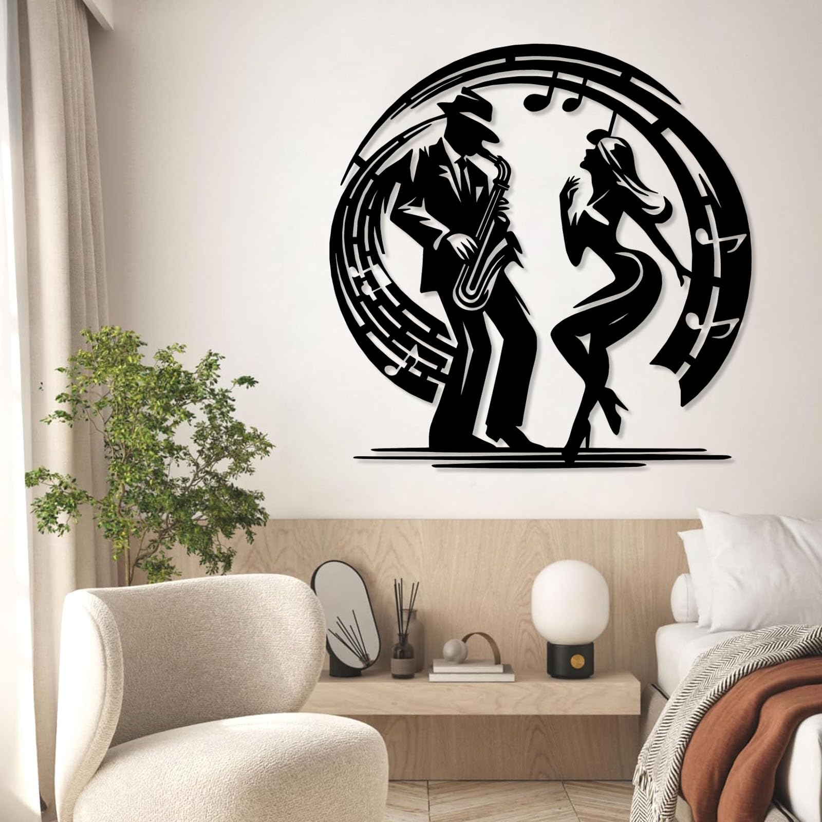 Generico Decoración de pared abstracta contemporánea de Metal con temática de pareja y música Jazz, Arte Musical, escultura clásica única, Regalo para enamorados (Blanco, 70x70 cm).