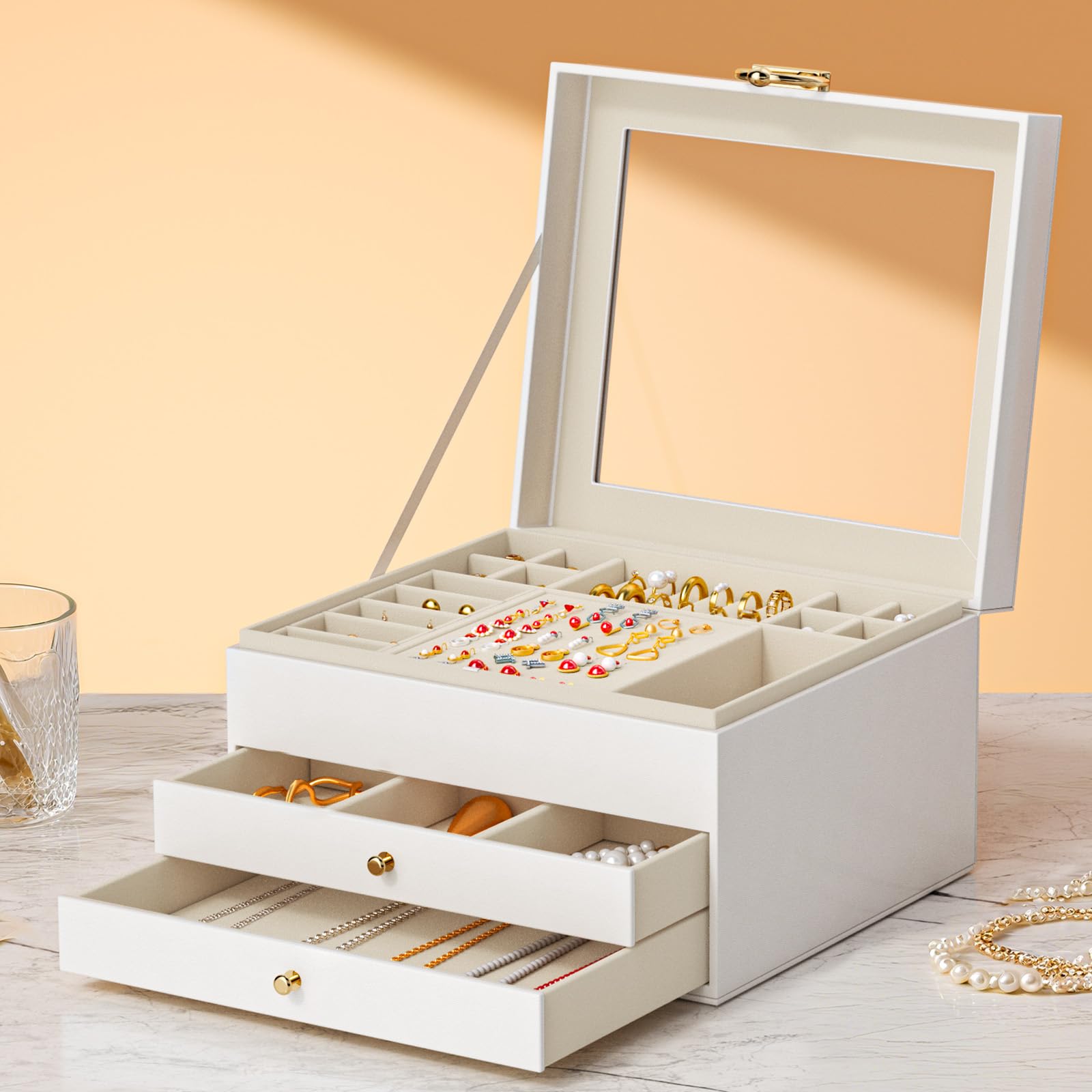 Caja Grande para Joyas 3 Niveles – Organizador Elegante para Anillos, Collares y Pendientes – 24 Compartimentos, Tapa Transparente –para Mujer(Blanco mate)