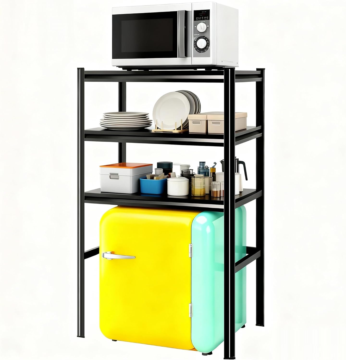 3-Tier Space Saving Refrigerator Shelf Organizer, Adjustable Metal Storage Rack with Double Column, 63" H Mini Fridge & Microwave Stand for Kitchen, Apartment, Black