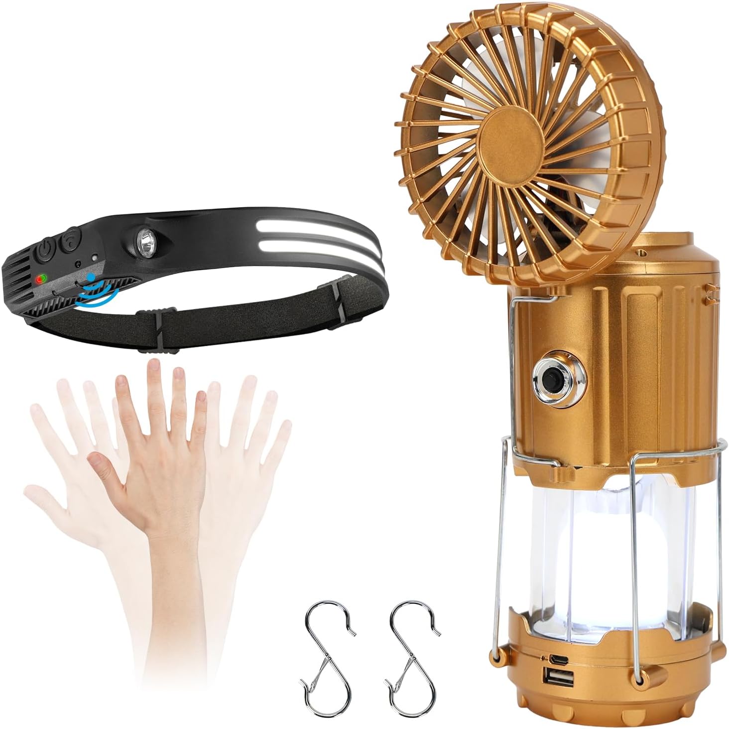 Camping Light Set, Headlamp with Motion Sensor & Solar Camping Fan Lantern, 230° COB Headlamp and 5-in-1 Rechargeable LED Lantern with Fan, Phone Charger for Hiking, Emergency, Outdoor Gear,Gold