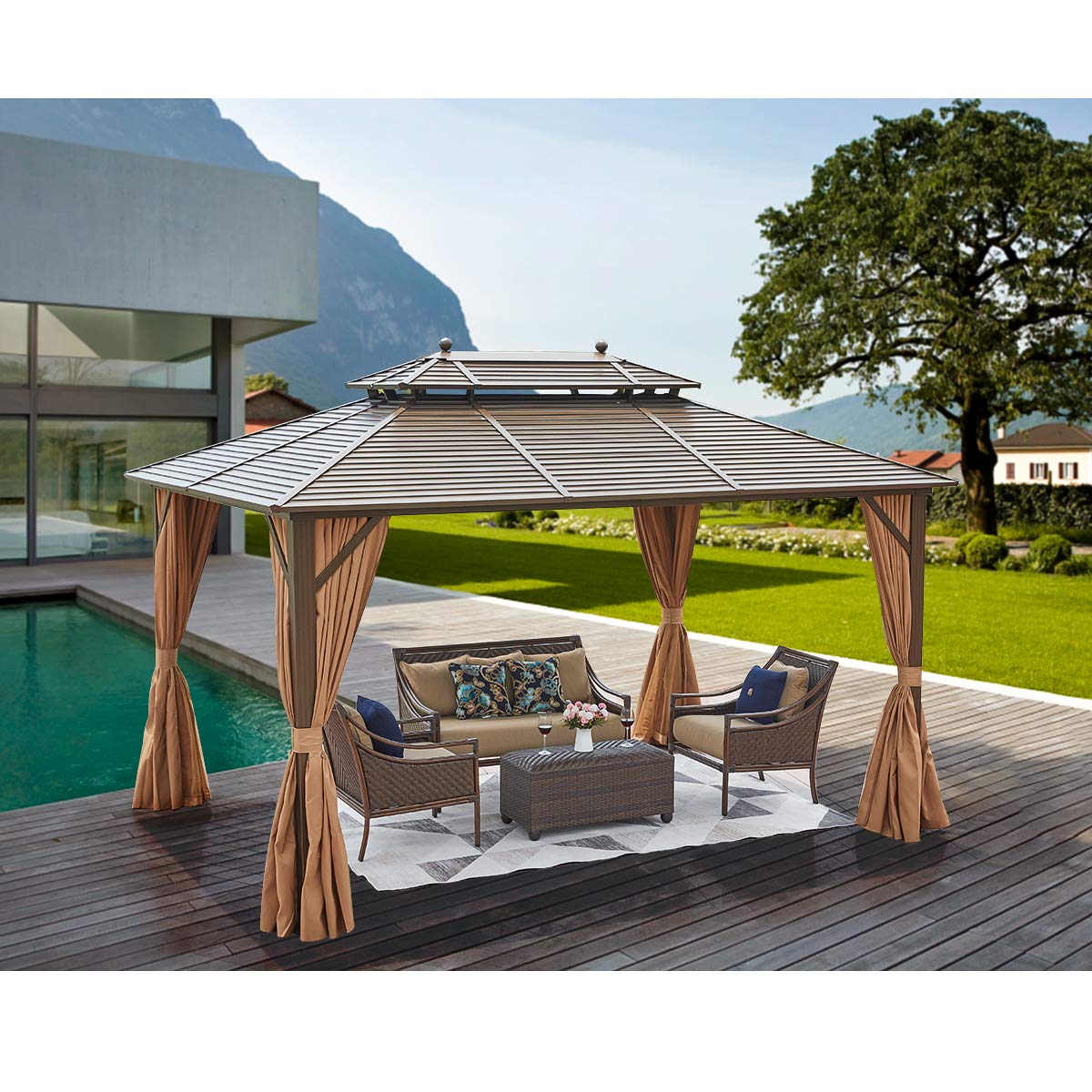 10' x 13' Hardtop Gazebo, Galvanized Steel Metal Double Roof