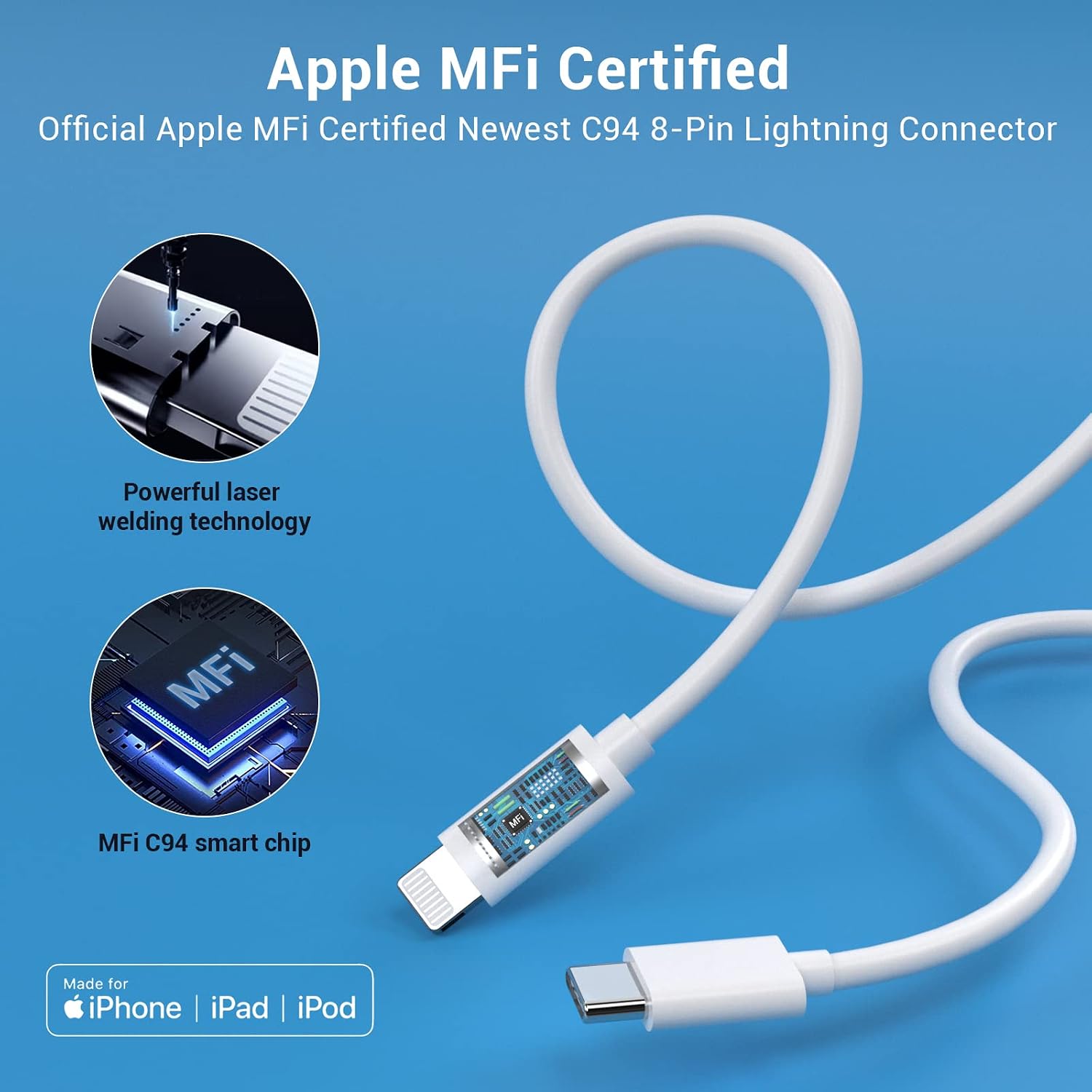 iPhone Charger Cord USB C,Quntis USB-C to Lightning Cable [MFi Certified] 3Pack 3/6/10 FT iPhone Fast Charging Cord Type C to Lightning Cable for iPhone 14 Pro Max 13 Mini 12 11 X 8 Plus iPad - White