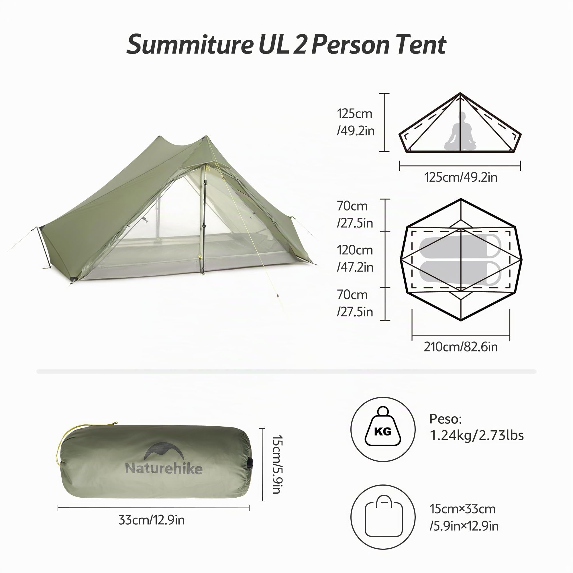 Naturehike Summiture UL - Tenda da trekking ultraleggera per 2 persone, 3 stagioni, resistente al vento e impermeabile, diverse modalità di installazione
