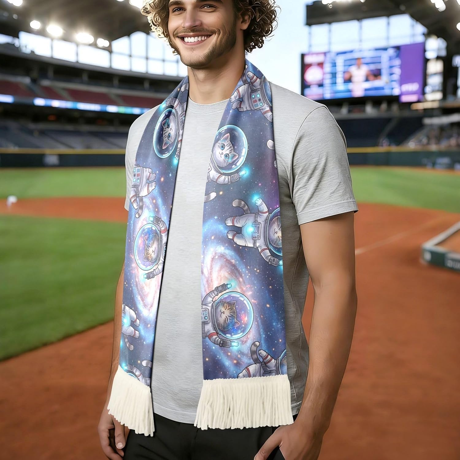 CHIFIGNO Cat Space Cosmic Sports Fan Scarf with Fringe Ends, Soft Polyester Cheering Towel for Soccer Football Games, Quick Dry Sweat Absorbent Rally Scarf