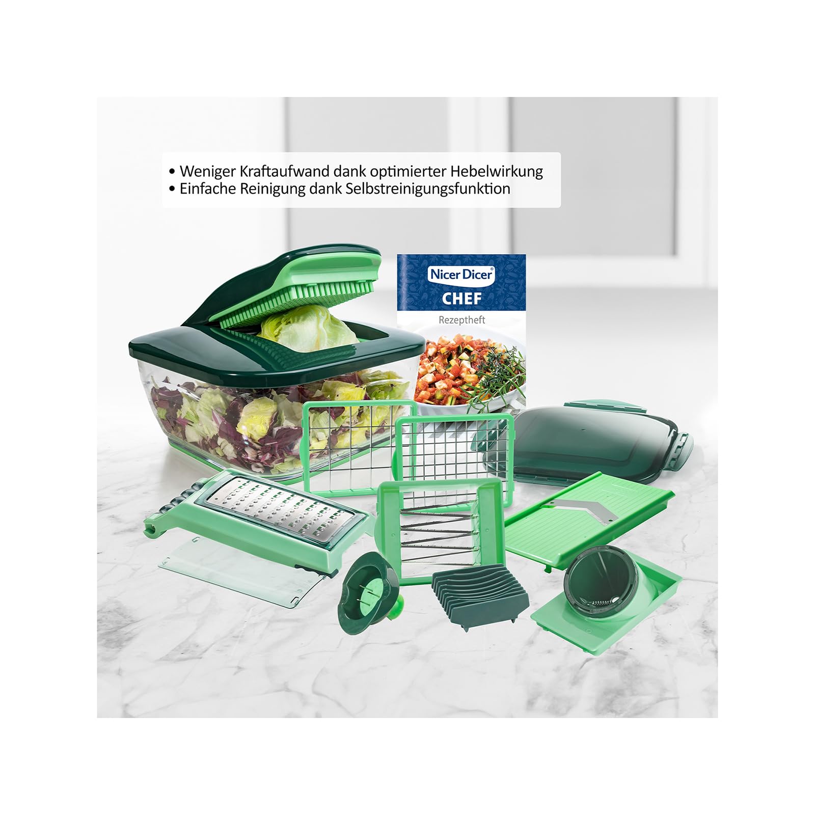 Genius Nicer Dicer Chef Deluxe-Set 28-tlg. Multifunktions-Profi-Gemüseschneider mit Glasschale und Tomatenschneider | Teigwaren, Scheiben, Streifen, Spiralen, Julienne