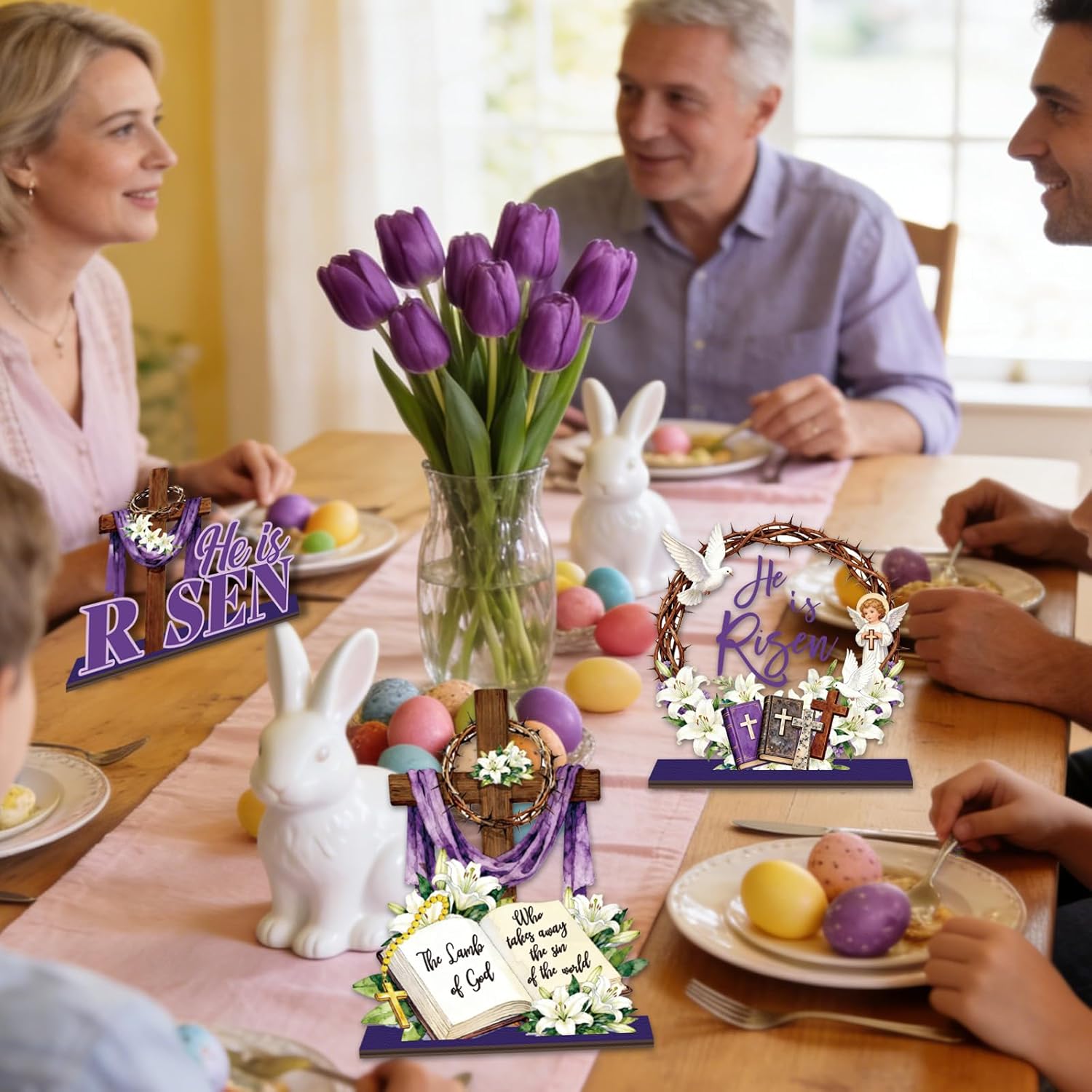 6 Pcs Easter Decorations He Is Risen Tabletop Decorations Christian Rustic Jesus Cross Wood Tablet Centerpiece Farmhouse Religious Easter Table Sign for Office Desk Tiered Tray Decor