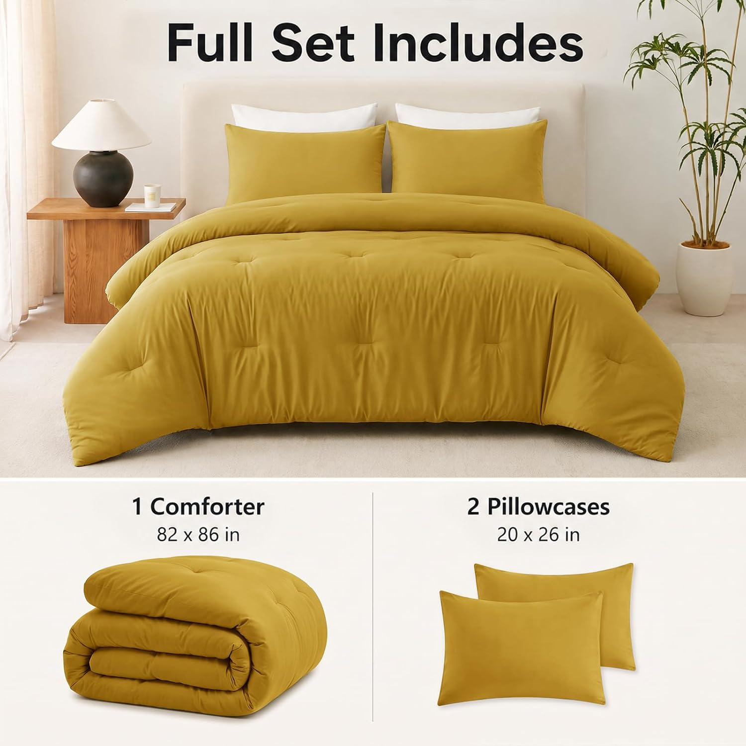 CozyLux Full Comforter Set 3 Pieces Down Alternative Bedding Mustard Yellow image 2