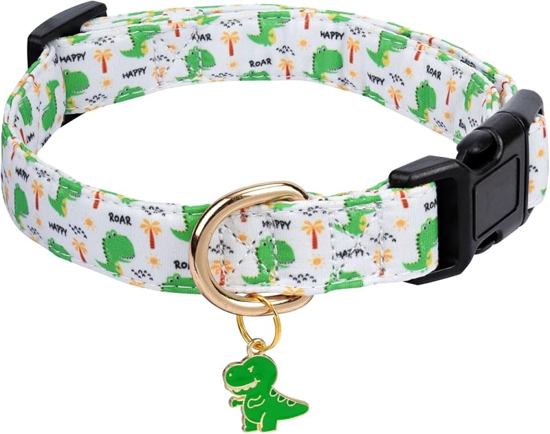 Coleira básica ajustável de algodão para cães com fivela de segurança, estampa Green Dinosaur, tamanho L — Jelwuion