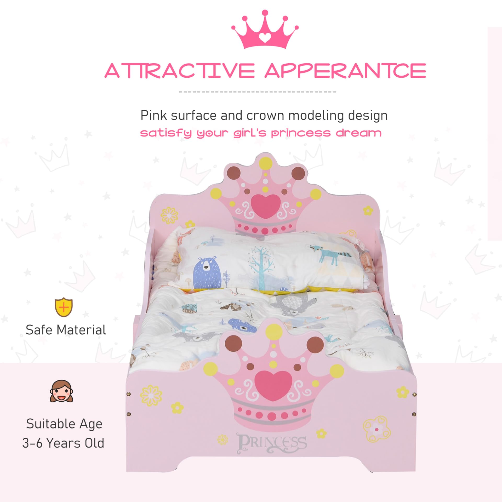 HOMCOM Kids Toddler Bed Princess Crown Theme Safety Side Rails Slats Home Bedroom Furniture Boys Girls 3-6 Years Pink 143 x 73 x 60 cm - Image 6