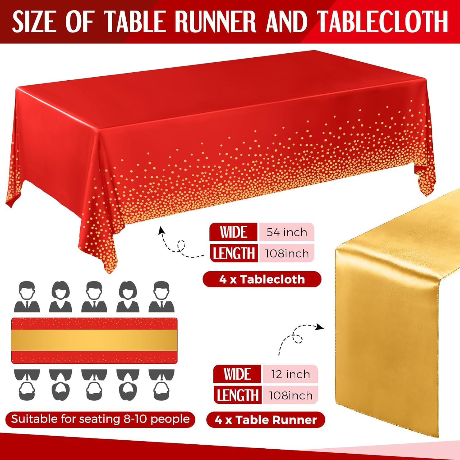 Breling 8 Pack Red and Gold Disposable Plastic Tablecloths and Satin Table Runner Set, 54 x 108 Inch Tablecloth, 12 x 108 Inch Table Runners for Wedding Graduation Birthday Baby Shower New Year