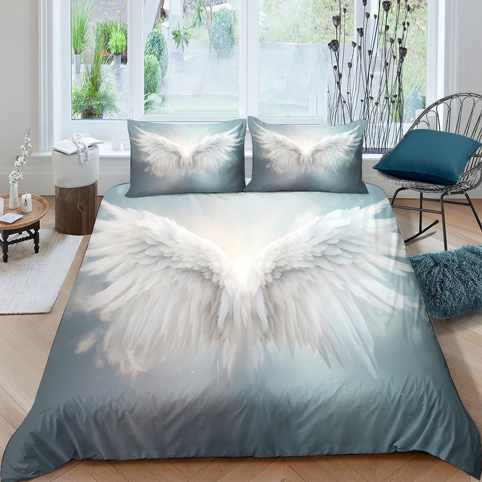 Ctjqhvkz Style-7 3D Printed Angel Wings Fitted Sheet Microfiber Soft Breathable White Feather Bed Cover For Bedroom Decor Mattress Protection Single（135X200cm）