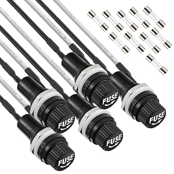 5 Pack Panel Mounted Fuse Holder 5x20mm Screw Cap Fuse Holder 250V AC 10A 125V AC 15A 12V DC Fuse Holder with Pre-Soldered Wires and 10A/15A Fast Blow Glass Fuse kit5 * 20mm