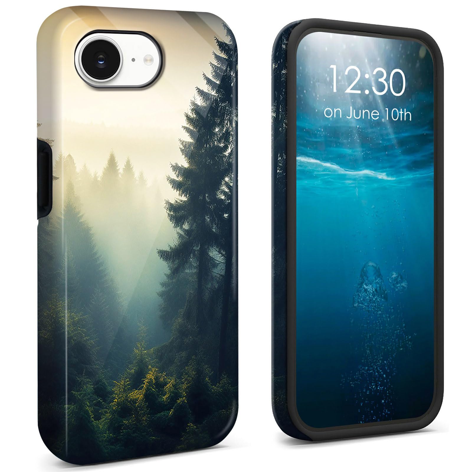 BPQOJB for iPhone 16E Case 2025 Dual Layer Cover Hard PC + Soft TPU Black Shockproof Protective Phone Case for iPhone 16E 6.1 inch - Forest and Sunset