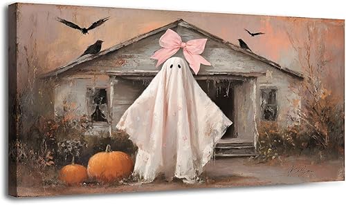 Miniatura 17 de 30"x 60" Canvas Wall Art Vintage Halloween Spooky Ghost Witch Black Cat Crow Painting Framed Pictures Painting Prints Large Wall Art for Living Room