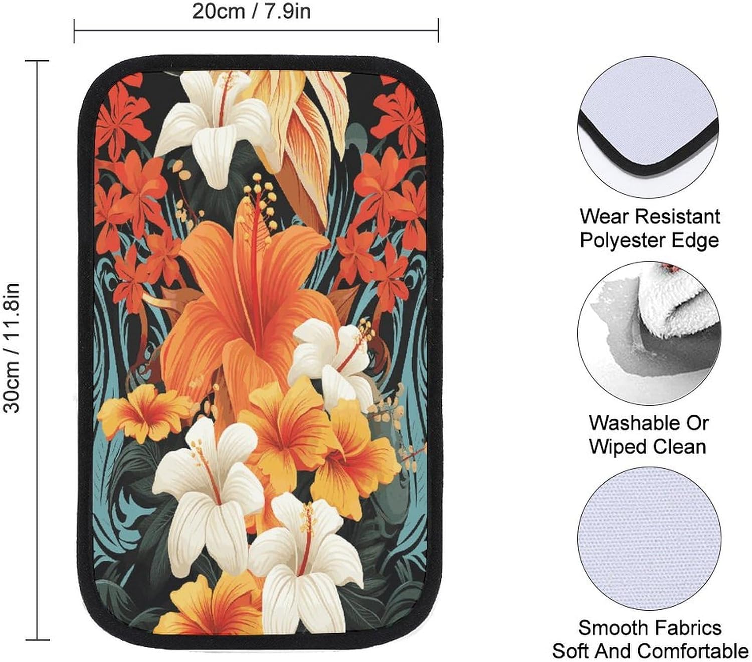 Flowers And Hawaiian Tribal Patterns on Black Background Car Center Console Cover Universal Waterproof Arm Rest Cover Car Armrest Cushion Car Armrest Cover Protector Car Interior Accessories for Most