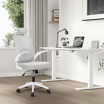 Office Computer Desk Chair, Ergonomic Desk Chair with Lumbar Support, Height Adjustable Mesh Swivel Computer Chair, Executive Office Chair with Headrest and Flip-up Armrest White