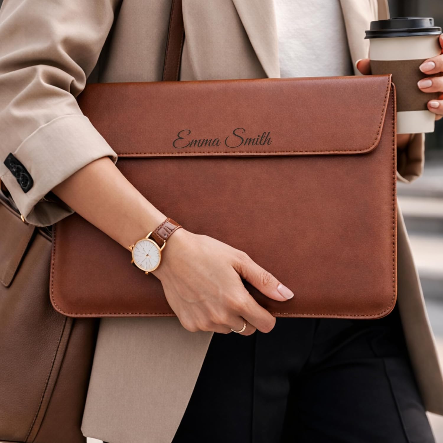 Personalized Laptop Sleeve with Stand, Custom Name Laptop Case, Vegan Leather Laptop Sleeve, Foldable Laptop Stand, Compatible with 13-14 inch & 15-16 inch Laptops (Brown, 13-14")