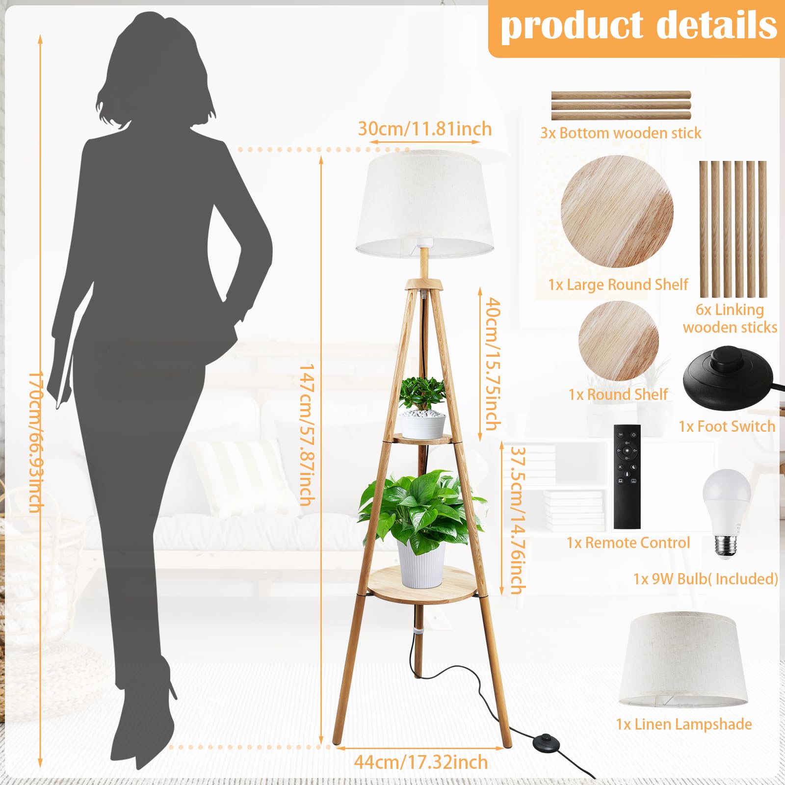Lampadaire LED en Bois Réglable avec Télécommande, 3 Tons, Minuterie 1H, Interrupteur Pied