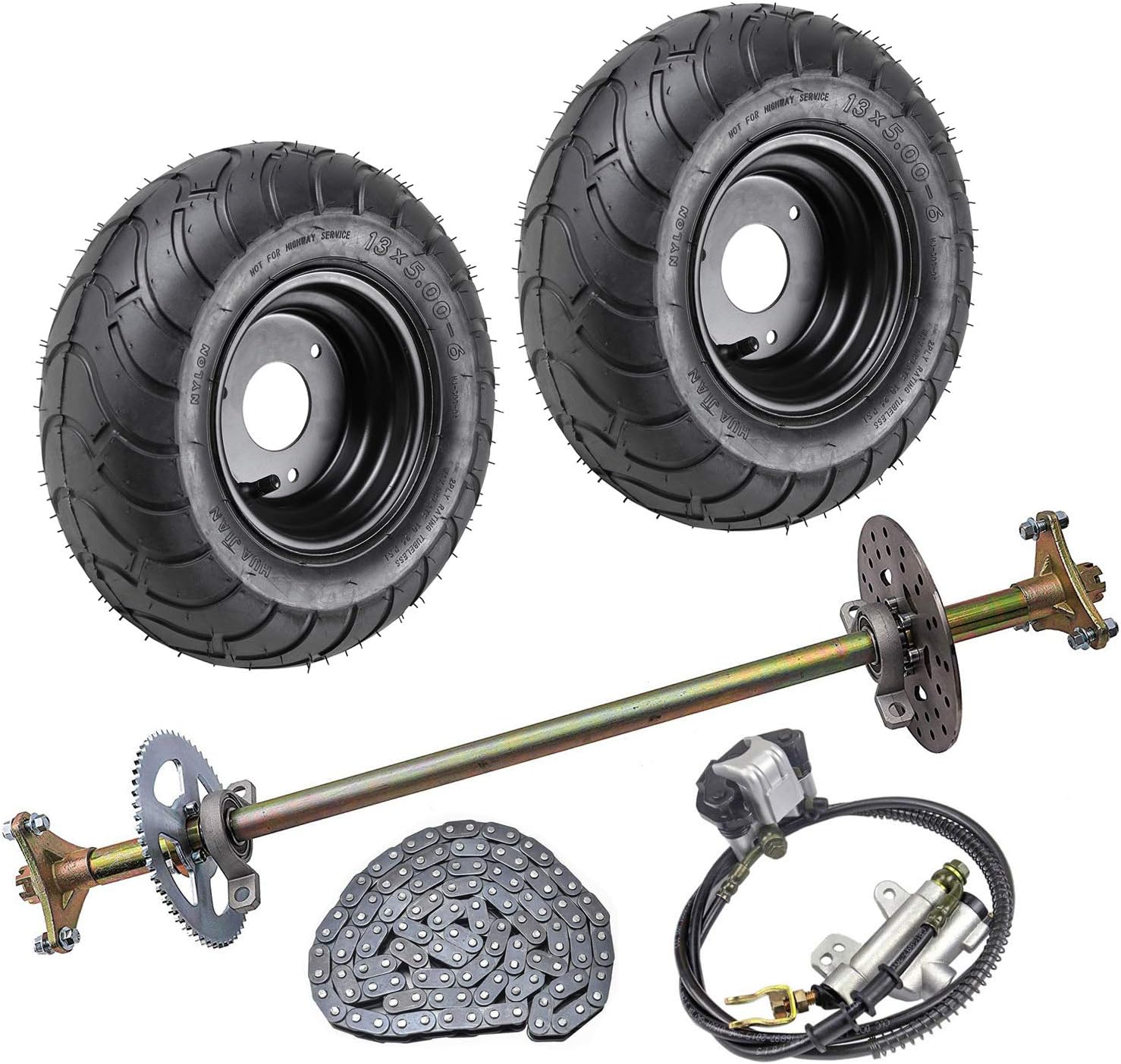 TDPRO Rear Axle Shaft Kit with 6" Wheels Tires Rims Brake Assembly and Chain & Sprocket for Off Road Go Kart Quad Trike Drift Bikes