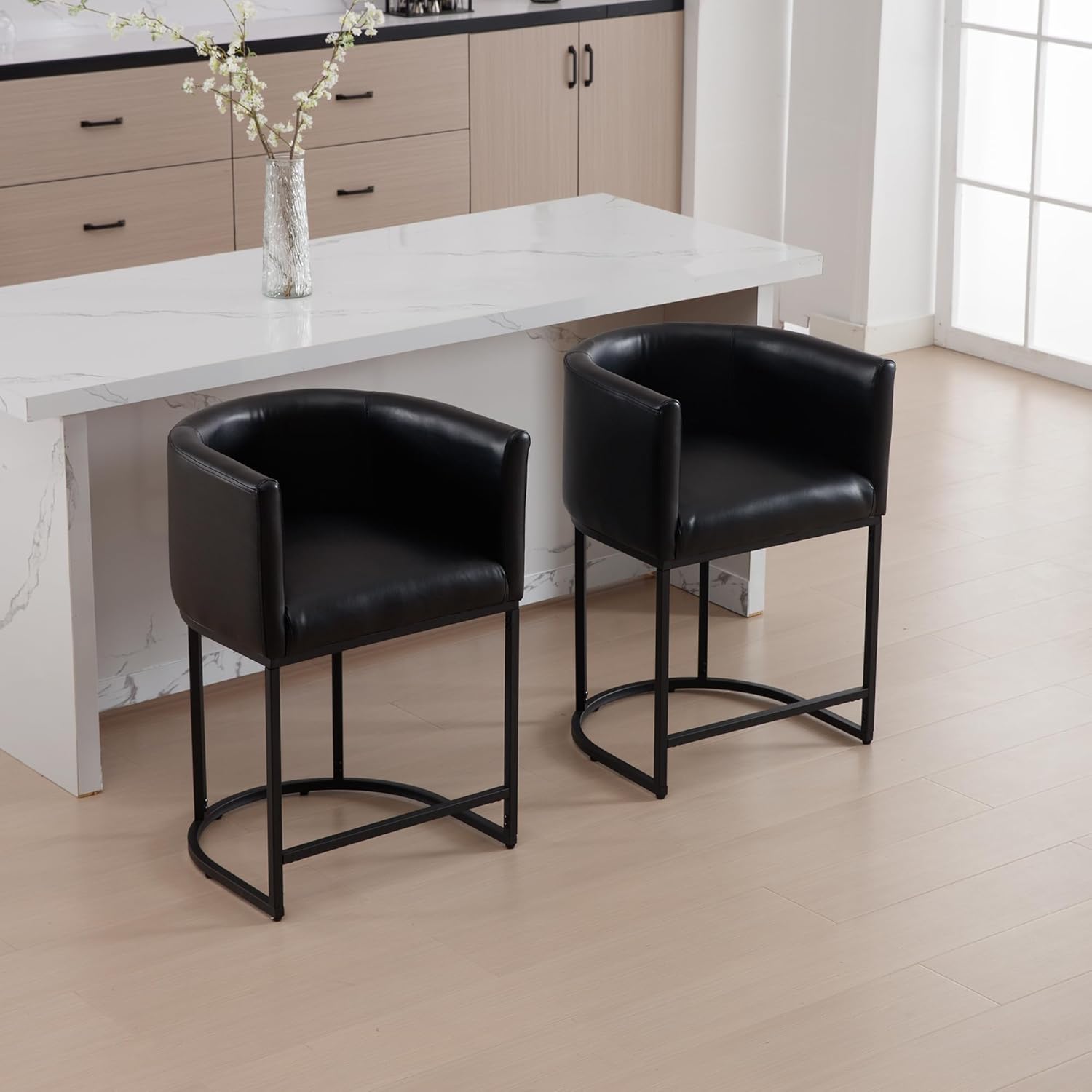 WAHSON OFFICE CHAIRS Faux Leather Barrel Bar Stools Set of 3, Black Modern Bar Stools, 24" H Mid Century Upholstered Bucket Bar Chair Stools for Kitchen Island, with Black Metal Tubular Frame