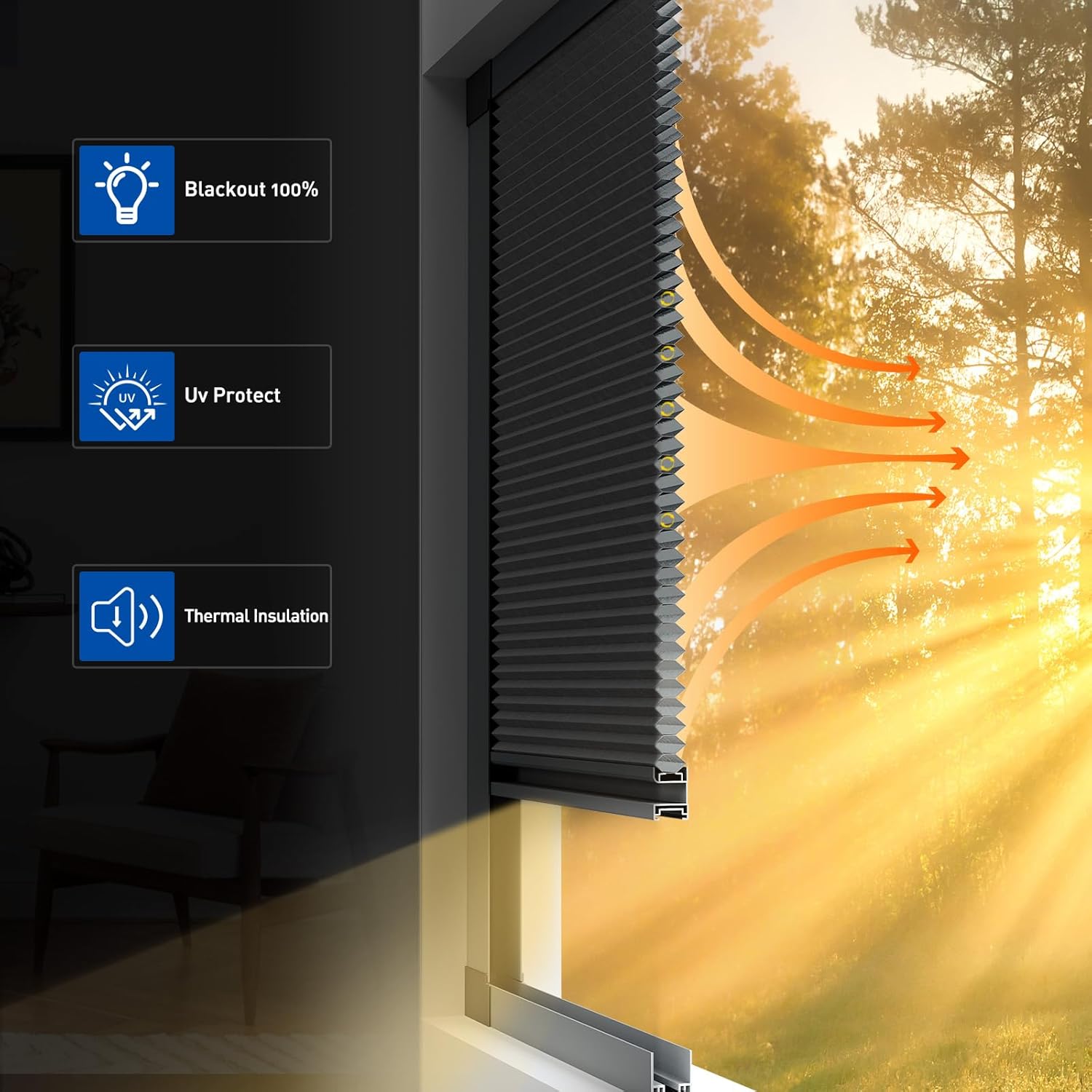 MAGZO Customizable Blackout Cellular Shades with Aluminum Frame No Drill, Waterproof Thermal Insulated Window Shades for Home, Guard Total Blackout Blinds