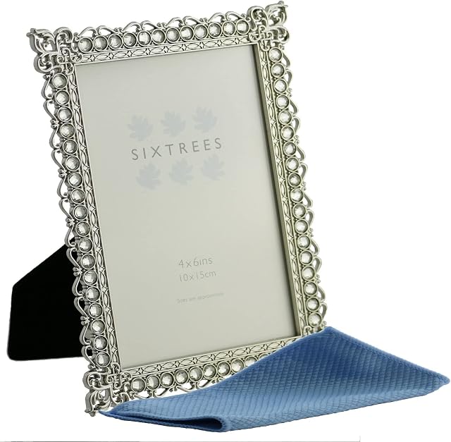 Sixtrees Adelaide. Antique Vintage and Shabby Chic Style silver metal photo frame with beads and crystals for a 6" x 4" picture. Complete with our washable microfibre cleaning cloth.
