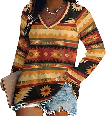 DMOYALA Women Western Long Sleeve Shirts Aztec Cow Print Western T Shirts Tops Graphic Tees Casual V Neck Loose Fit Blouse