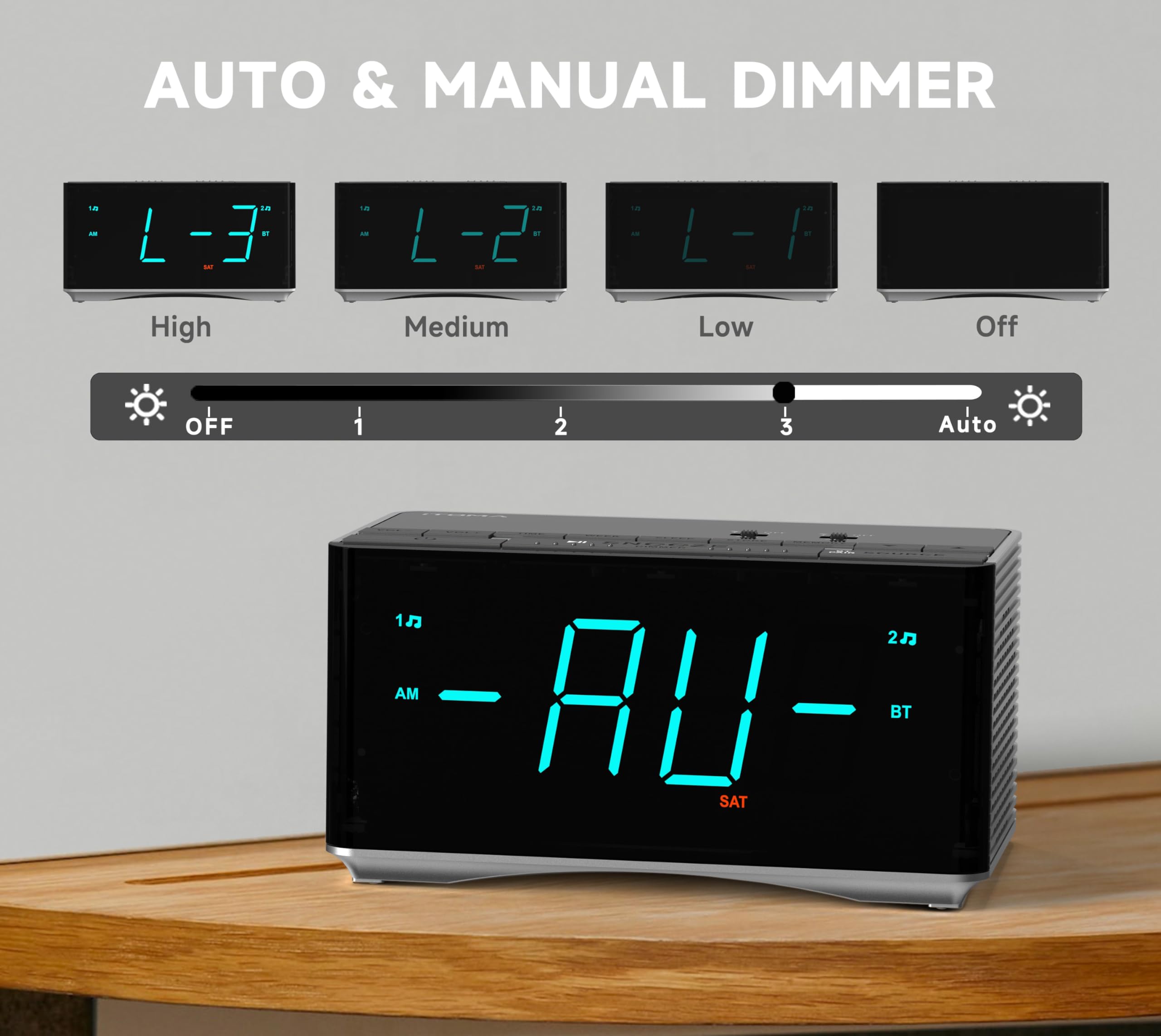 iTOMA Sveglia radio-altoparlanti stereo Bluetooth, radio FM, doppia sveglia, snooze, dimmer di luminosità, ricarica USB, sveglia per camera da letto ufficio 3501
