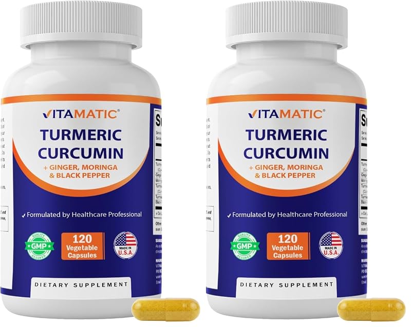 Vitamatic Suplemento articular de cúrcuma com extrato 10:1 290 mg, pimenta-preta 5 mg, gengibre 50 mg e moringa 50 mg, 240 cápsulas