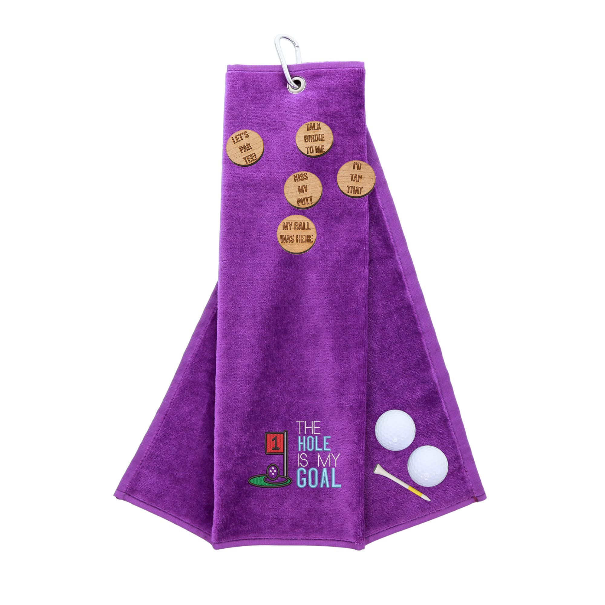 aztex Funny Trifold Golf Towel and Comedy Wooden Ball Marker Set Gift for Men, Carabiner Clip for Golf Bags, Hole is my Goal, Purple