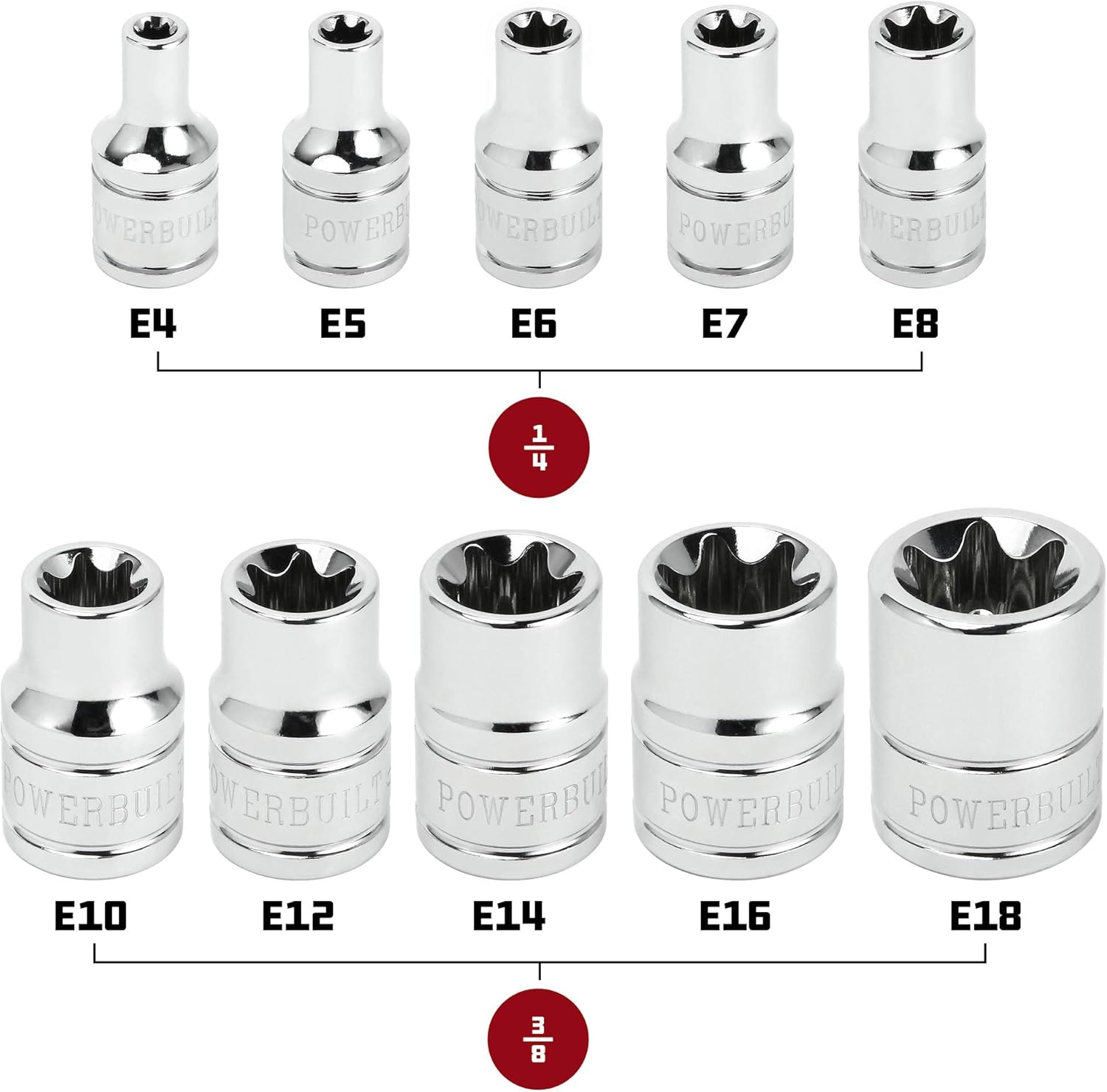 Powerbuilt 10 Piece E-Torx Socket Set, 1/4" & 3/8" Drive External Star Sockets (E4 to E18), Chrome Vanadium Steel, Mirror Polished Finish – 648667