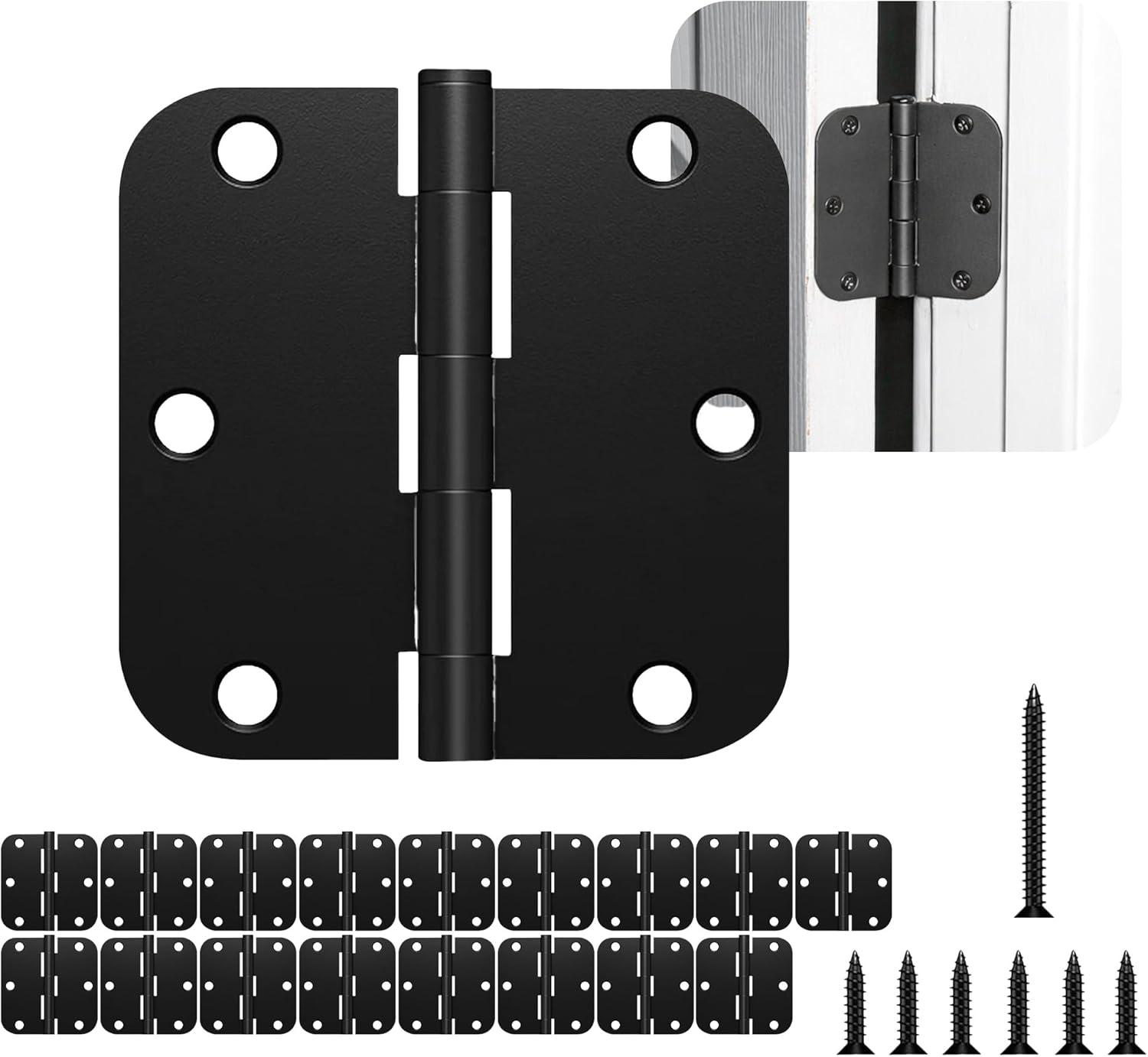 30 Pack Rounded Black Door Hinges Matte 3.5 Inch 5/8" Radius Interior 3 1/2 Inch Flat Iron Bifold Residential Standard Bedroom Interior Exterior and Closets Doors 3 ½"x 3 ½" Heavy Duty Hardware