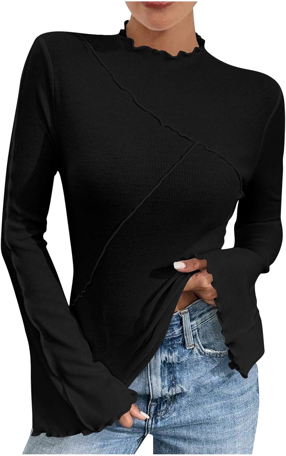 Women's Casual Solid T-Shirt Flare Long Bell Sleeve Ruched Tops Fashionable Versatile Slim Fit Elegant Blouses