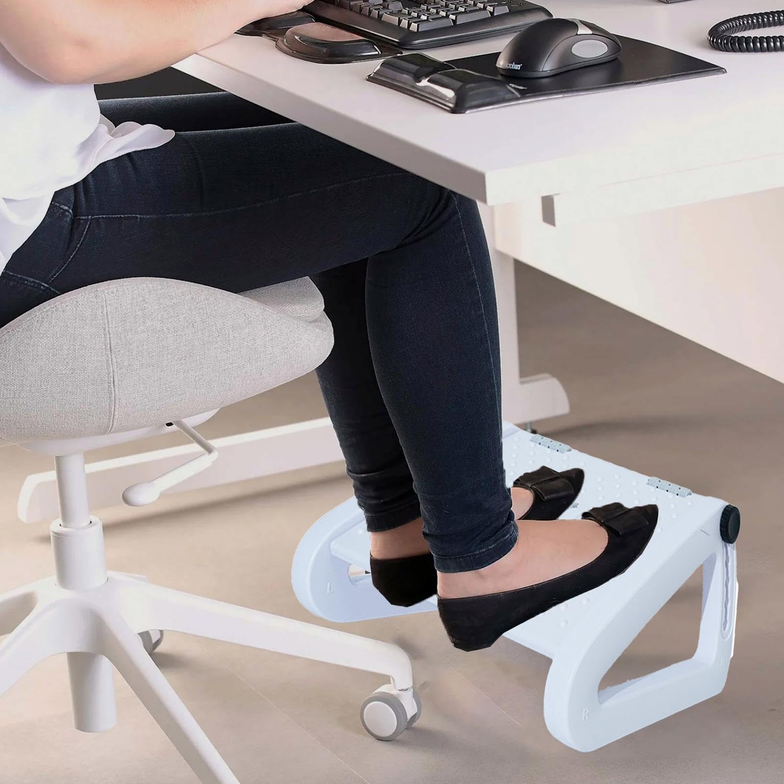 Poggiapiedi sotto la scrivania, poggiapiedi, con rullo massaggiante e 6 | impostazioni di altezza, ergonomico, per uomo e donna