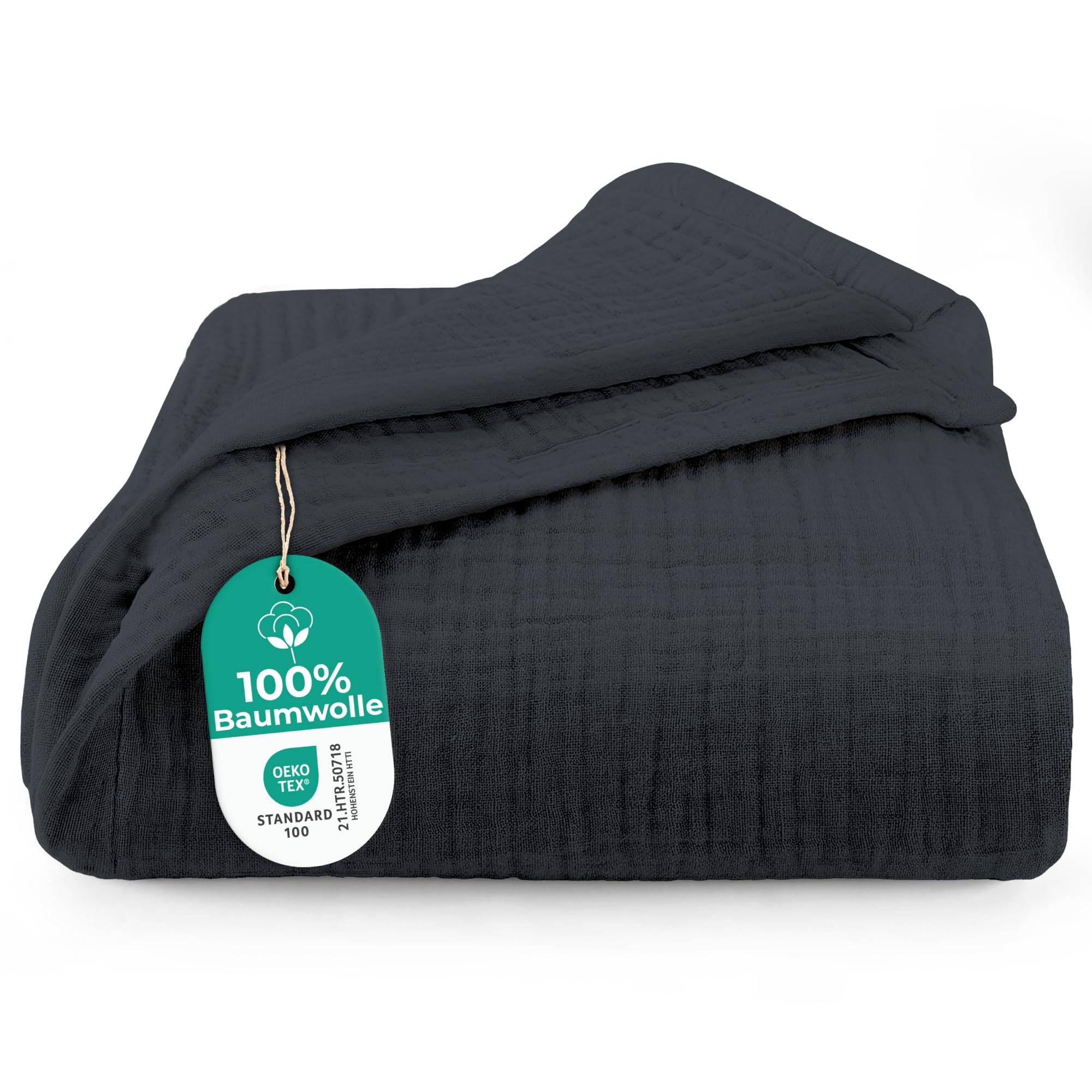Dreamzie Musselin Tagesdecke 220x240 cm – Baumwolldecke Oeko-Tex Zertifiziert – Atmungsaktive Kuscheldecke – leichte Kuscheldecke Baumwolle als Sofa-, Bett- & Couchüberwurf – Anthrazit