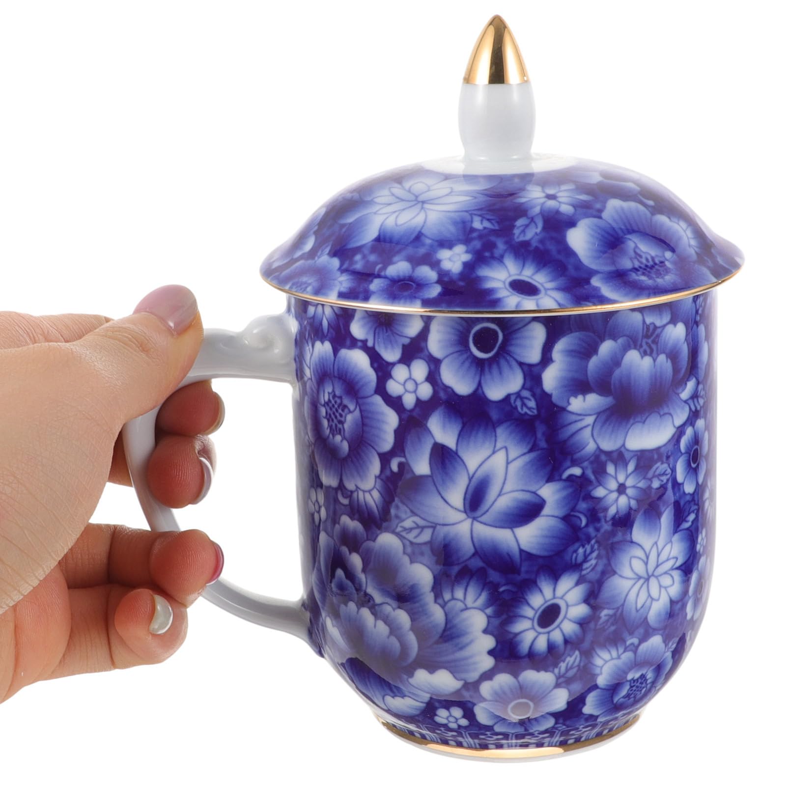 Mipcase Elegante Teetasse mit Deckel und Sieb aus Blauer Keramik für Losen Tee Vintage Stil mit Filigranen Details für Büro und Tee Liebhaber