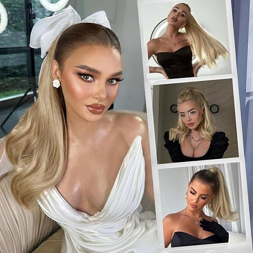 Miniatura 5 de RECOOL Extensión de cola de caballo de cabello humano rubio claro a rubio decolorado, extensiones de cabello humano Remy real, extensión de cola de