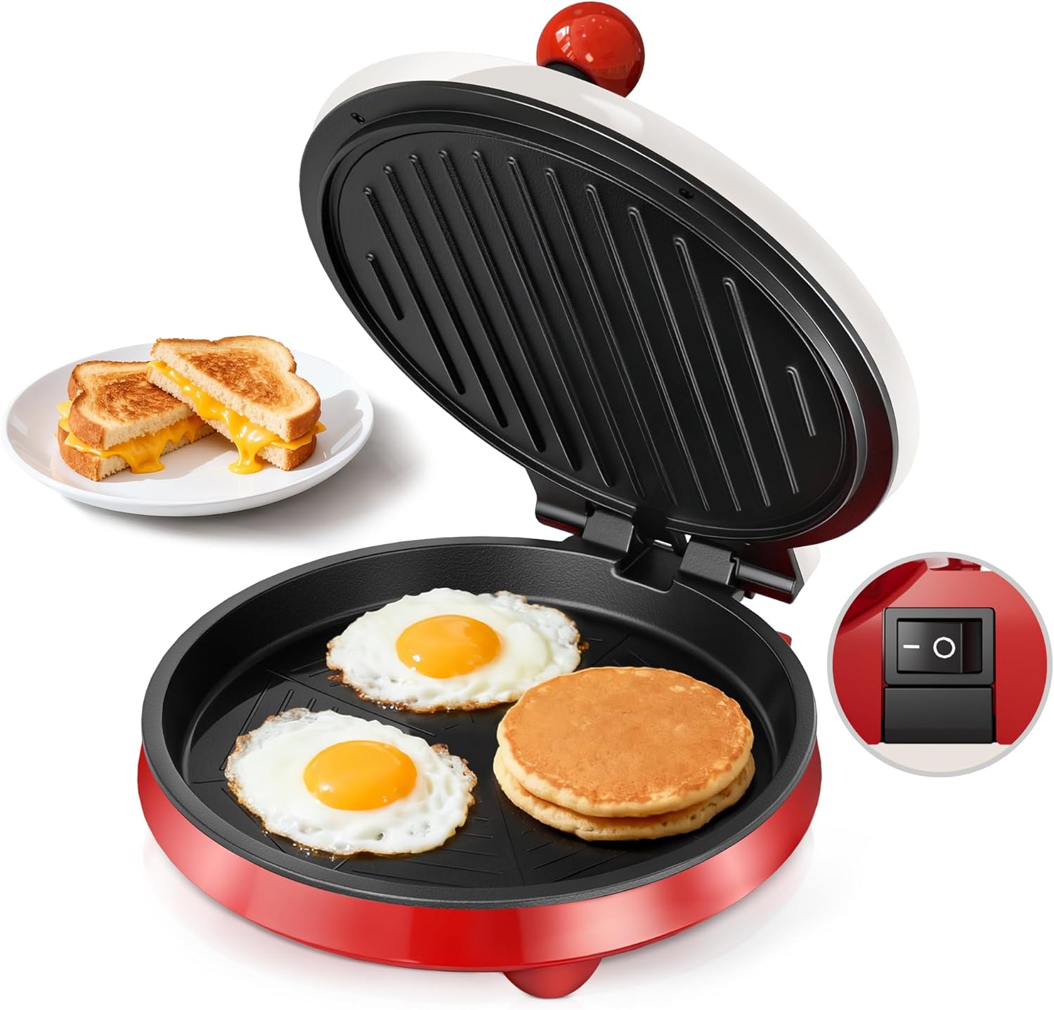 CACHOO 3-in-1 8-Inch Electric Griddle & Nonstick Panini Press, 180° Open Flat Grill for Pancakes, Omelets, Quesadillas (Red/Beige)