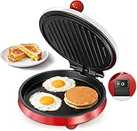 CACHOO 3-in-1 8-Inch Electric Griddle & Nonstick Panini Press, 180° Open Flat Grill for Pancakes, Omelets, Quesadillas (Red/Beige)