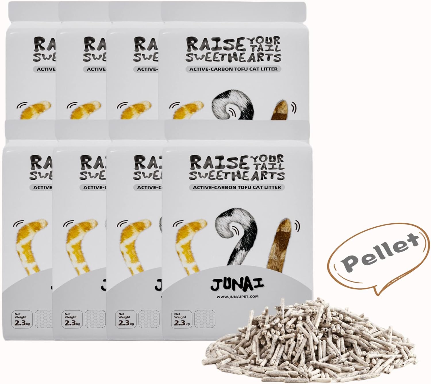JUNAI Tofu Cat Litter 8 Packs(2.3kg x 8), Active-Carbon Natural Clumping Cat Litter Pellet flushable Biodegradable Kitty Litter, Good for All cat Litter Box, Lightweight dust Free and Odor Control