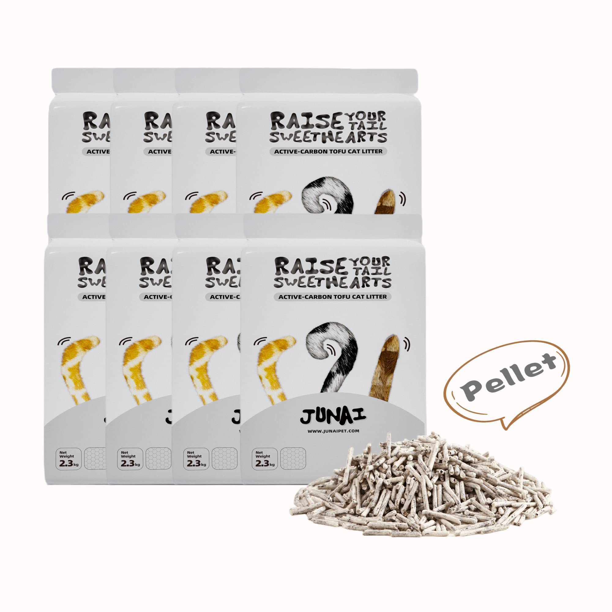 JUNAI Tofu Cat Litter 8 Packs(2.3kg x 8), Active-Carbon Natural Clumping Cat Litter Pellet flushable Biodegradable Kitty Litter, Good for All cat